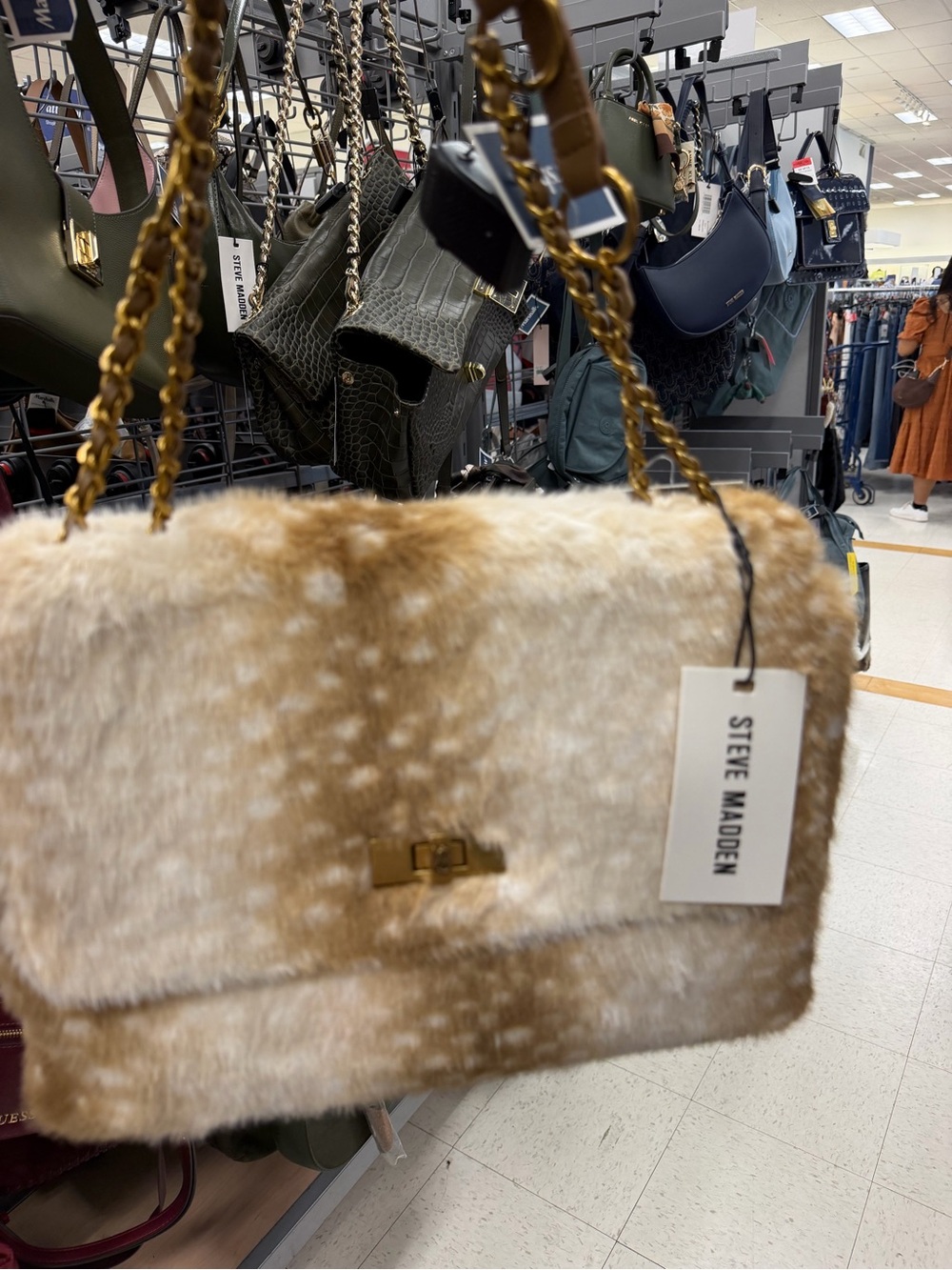 Steve Madden Cream and Tan Faux Fur Shoulder Bag with Gold Chain